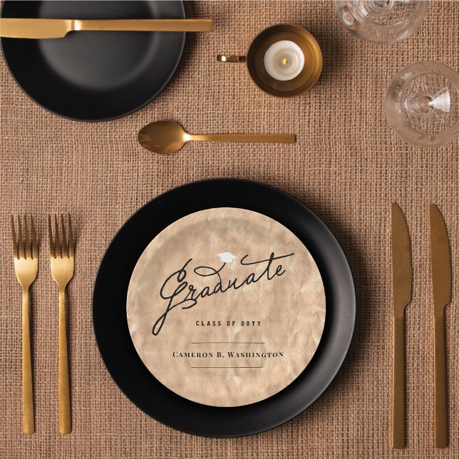 Copper Foil Graduate Script Stylish Graduation Par Paper Plate (Copper Faux Foil Stylish Graduate Script Graduation Party Paper Plates @ fatfatin)
