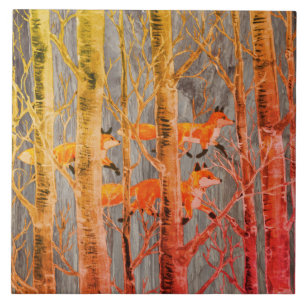 Copper Fox Woods on Grey Stone Autumn Batik Look Ceramic Tile