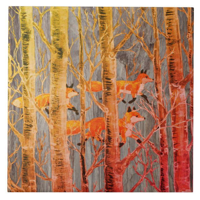 Copper Fox Woods on Grey Stone Autumn Batik Look Ceramic Tile (Front)