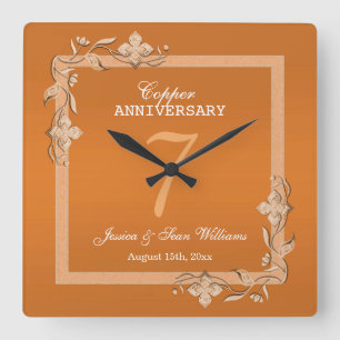 Copper Gem & Glitter 7th Wedding Anniversary   Square Wall Clock