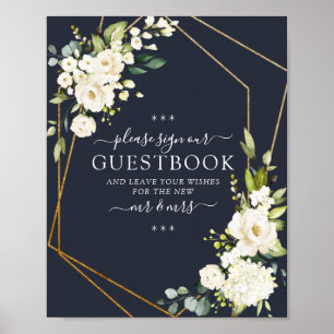Copper Geometric Blue White Floral Guestbook Sign