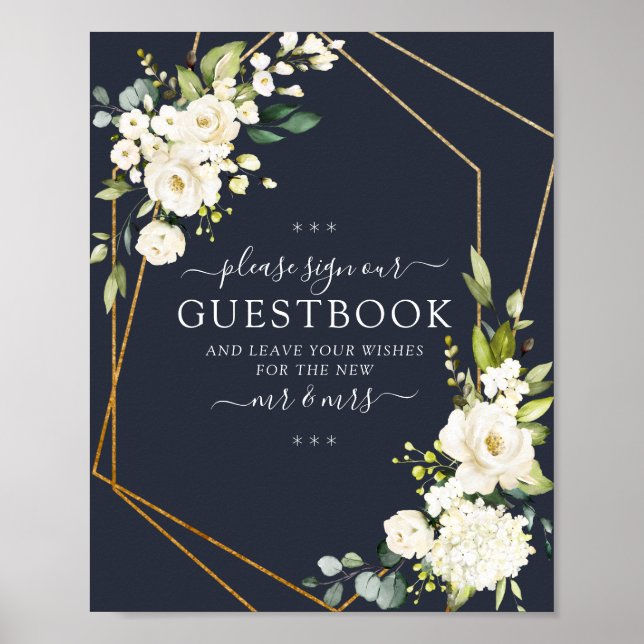 Copper Geometric Blue White Floral Guestbook Sign (Front)