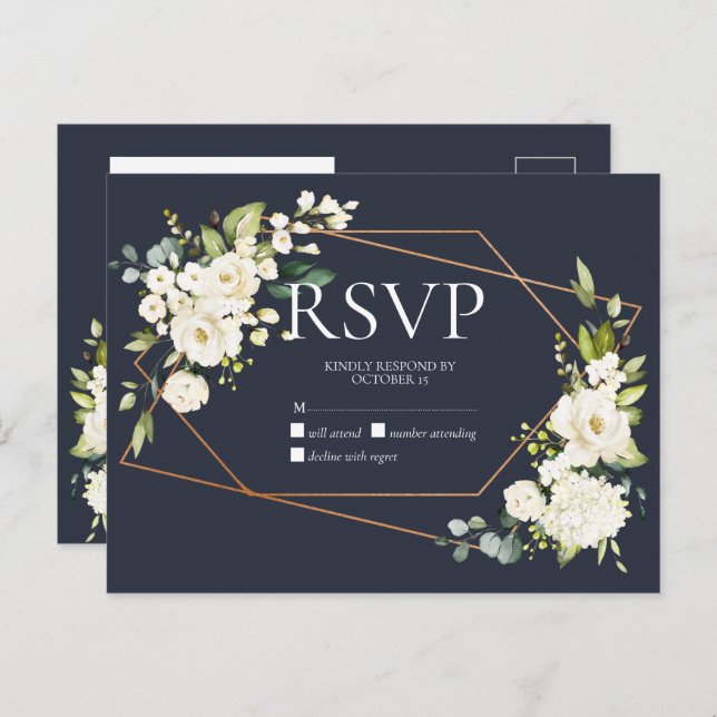 Copper Geometric Blue White Floral No Menu RSVP (Front/Back)