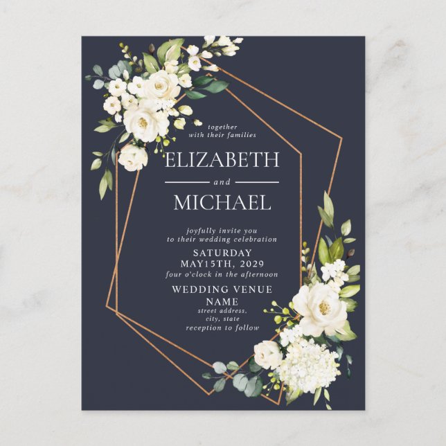 Copper Geometric Blue White Floral Wedding Announcement Postcard (Front)