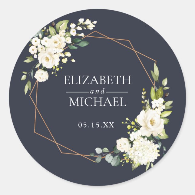 Copper Geometric Blue White Floral Wedding Classic Round Sticker (Front)