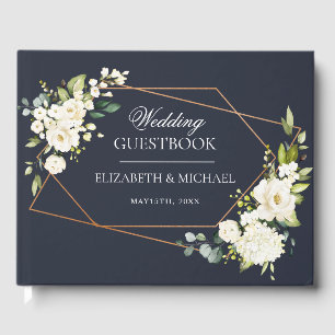 Copper Geometric Blue White Floral Wedding Guest Book