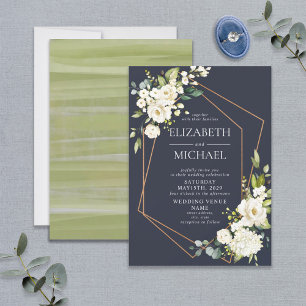 Copper Geometric Blue White Floral Wedding Invitation