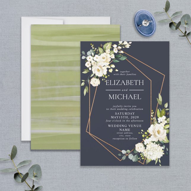 Copper Geometric Blue White Floral  Wedding Invitation (Creator Uploaded)