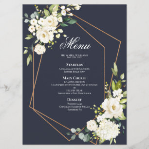Copper Geometric Blue White Floral Wedding Menu