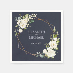 Copper Geometric Blue White Floral Wedding Napkin