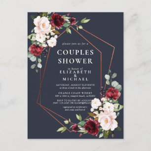 Copper Geometric Burgundy Blue Couples Shower Announcement Postcard