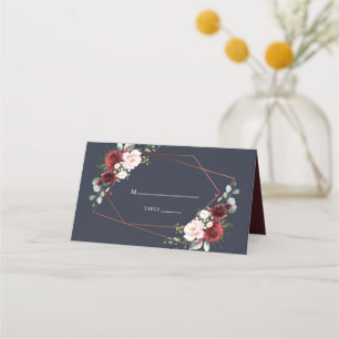 Copper Geometric Burgundy Blue Elegant Wedding Place Card