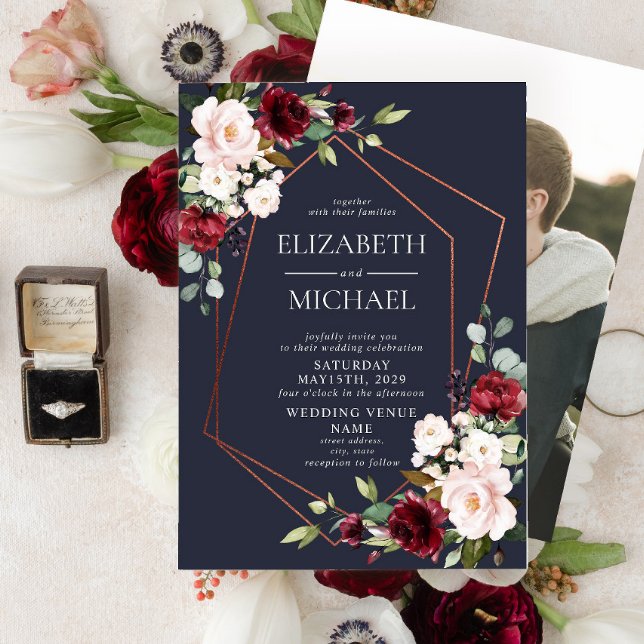 Copper Geometric Burgundy Blue Photo Wedding Invitation (Creator Uploaded)