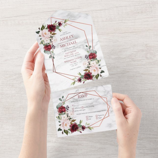 Copper Geometric Burgundy & Blush Floral Wedding All In One Invitation (Tearaway)