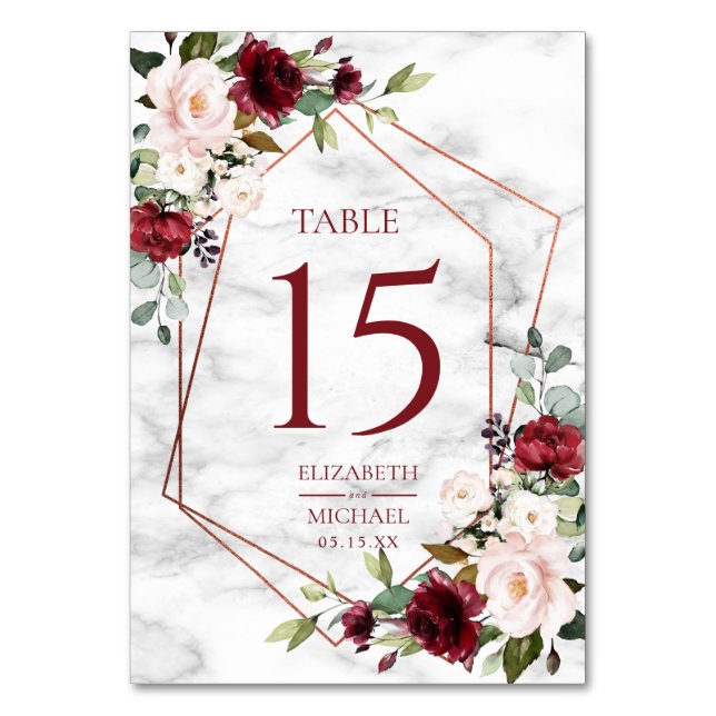Copper Geometric Burgundy Marble Elegant Wedding Table Number (Front)