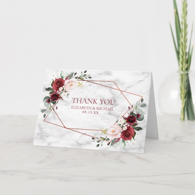 Copper Geometric Burgundy Marble Photo Wedding Card (Front)