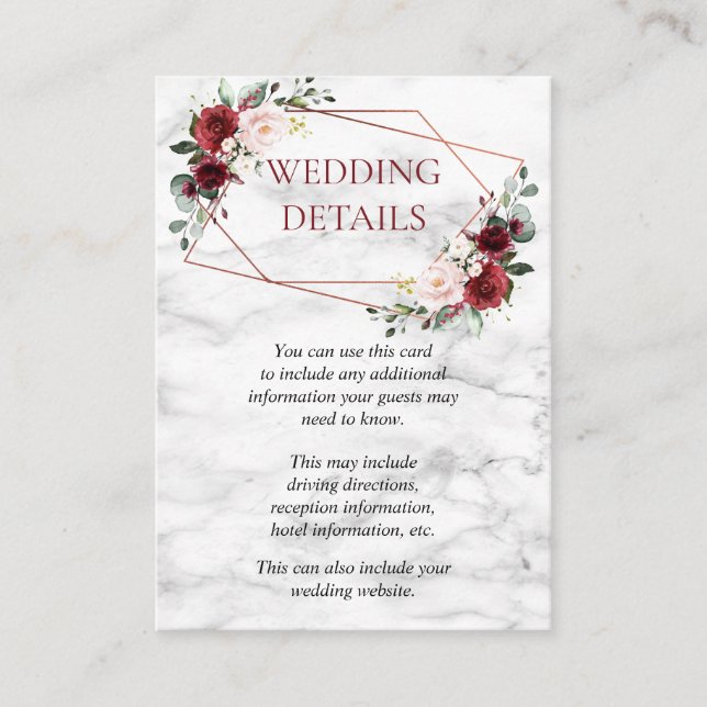Copper Geometric Burgundy Marble Wedding Details Enclosure Card (Front)