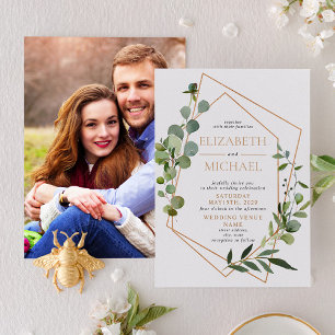 Copper Geometric Eucalyptus Elegant Photo Wedding Invitation