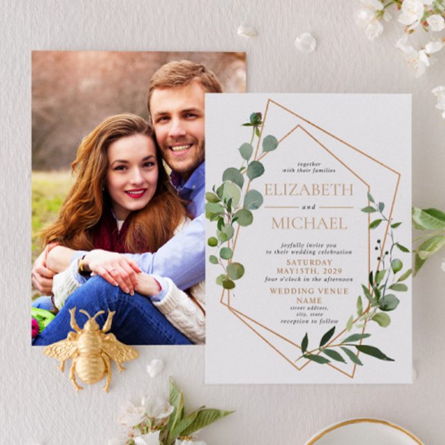 Copper Geometric Eucalyptus Elegant Photo Wedding Invitation (Creator Uploaded)
