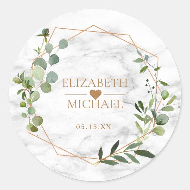 Copper Geometric Eucalyptus Marble Elegant Wedding Classic Round Sticker (Front)