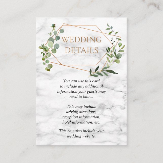 Copper Geometric Eucalyptus Marble Wedding Details Enclosure Card (Front)