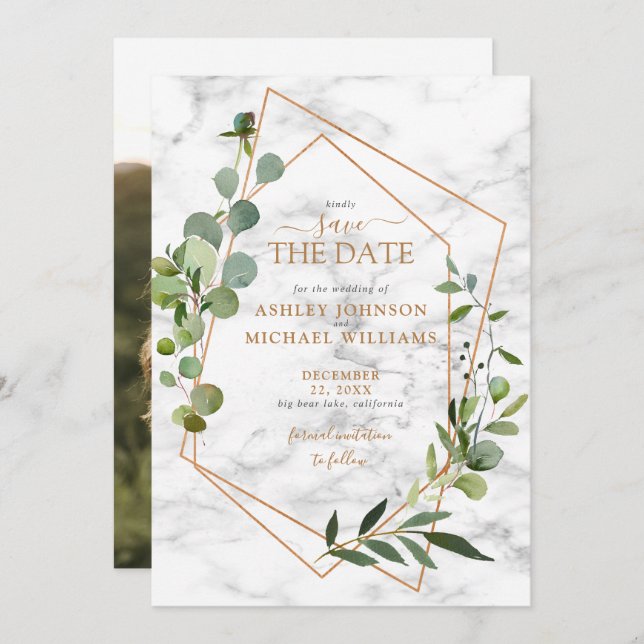 Copper Geometric Eucalyptus Photo Save the Date (Front/Back)