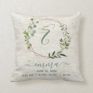 Copper Geometric Greenery Wreath Baby Birth Stats Cushion