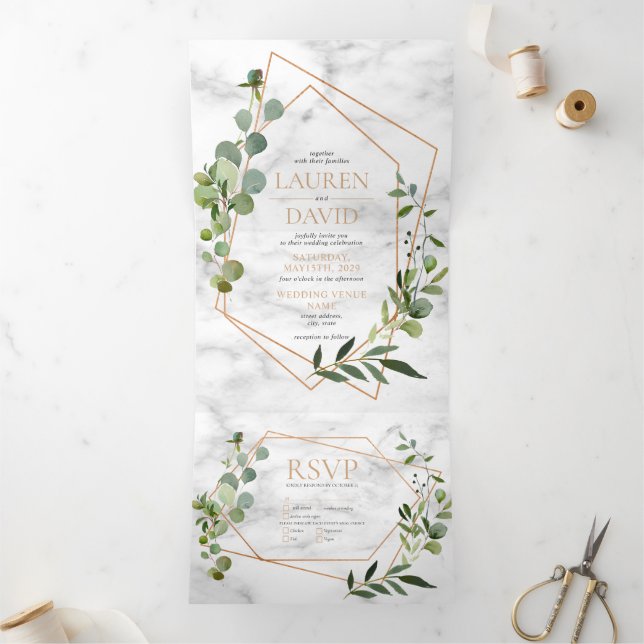 Copper Geometric Marble Eucalyptus Elegant Wedding Tri-Fold Invitation (Inside)