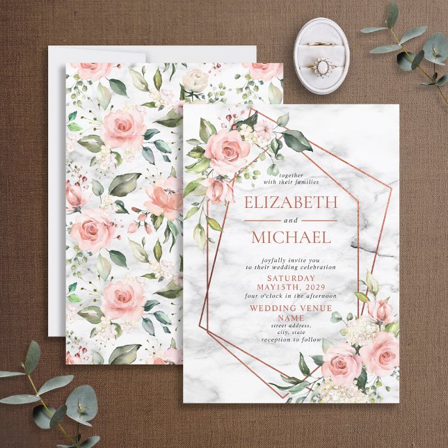 Copper Geometric Marble Pink Floral Wedding Invitation (Creator Uploaded)