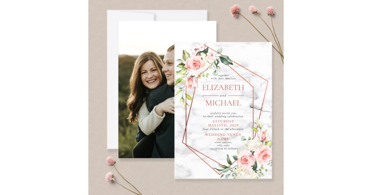 Copper Geometric Marble Pink Floral Wedding Invitation | Zazzle