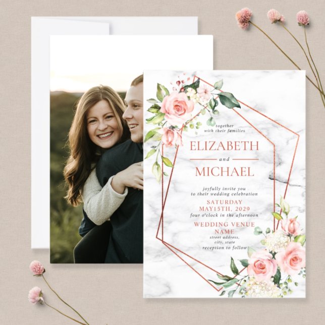 Copper Geometric Marble Pink Floral Wedding Invitation (Creator Uploaded)
