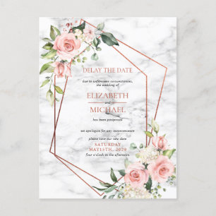 Copper Geometric Marble Pink FloralDelay Date Announcement Postcard