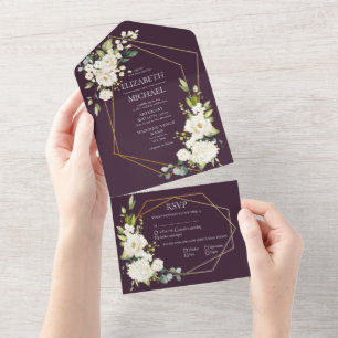 Copper Geometric Plum White Elegant Photo Wedding All In One Invitation