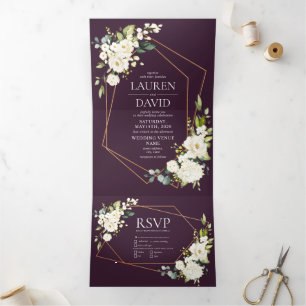 Copper Geometric Plum White Floral  Wedding Tri-Fold Invitation
