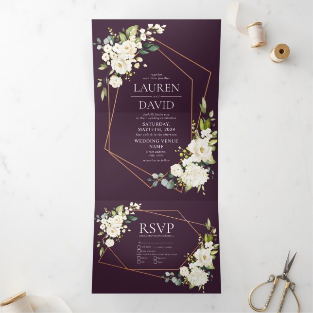 Copper Geometric Plum White Floral  Wedding Tri-Fold Invitation (Inside)