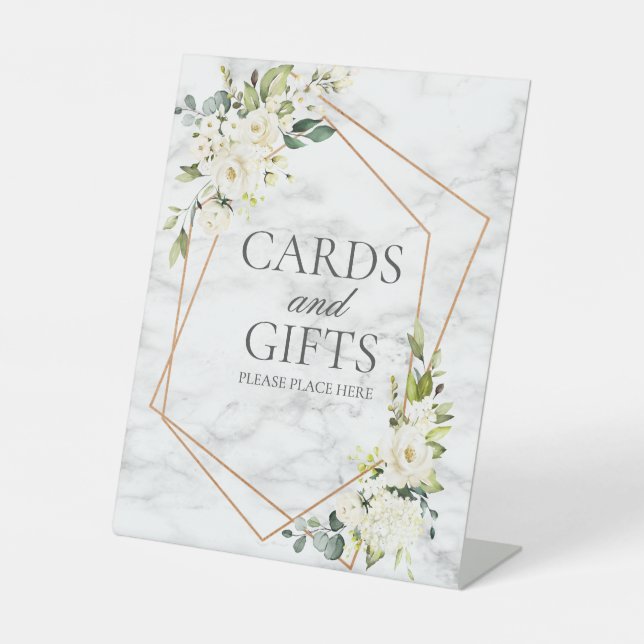 Copper Geometric White Floral Marble Wedding Gift Pedestal Sign (Front)