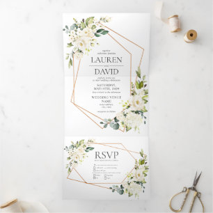 Copper Geometric White Floral Wedding Tri-Fold Inv Invitation