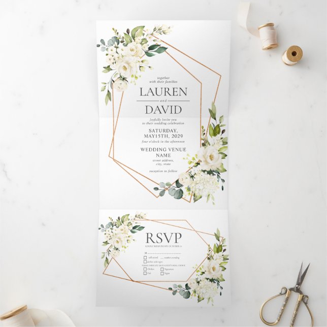 Copper Geometric White Floral Wedding Tri-Fold Inv Invitation (Inside)