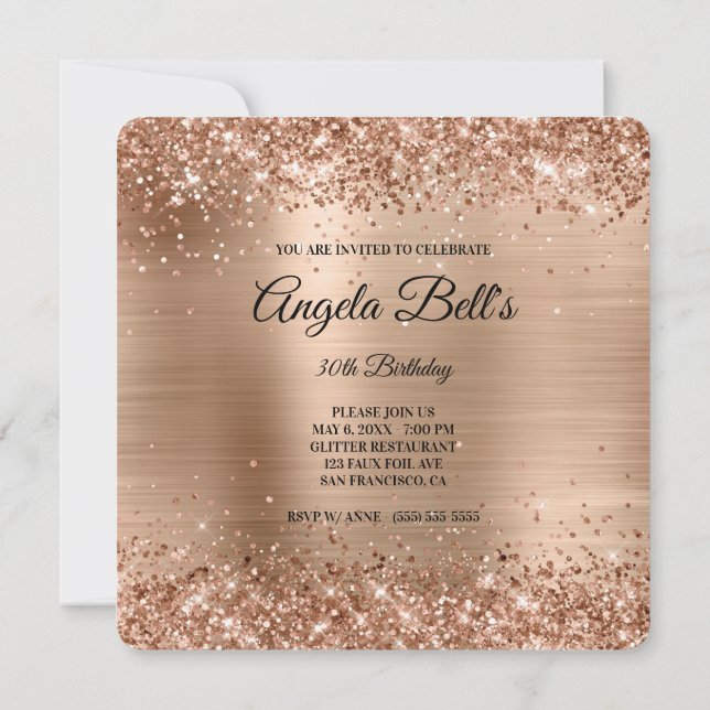 Copper Glitter Brushed Foil Fancy Monogram Invitation (Back)