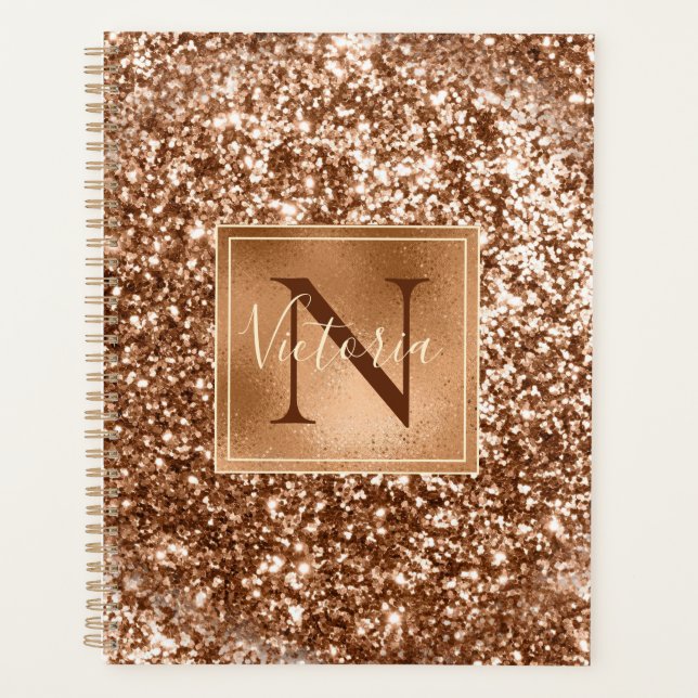 Copper Glitter Monogram Bling Name Glam Planner (Front)