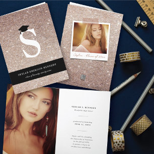 Copper Glitter Monogram Letter S Modern Photo Grad Announcement