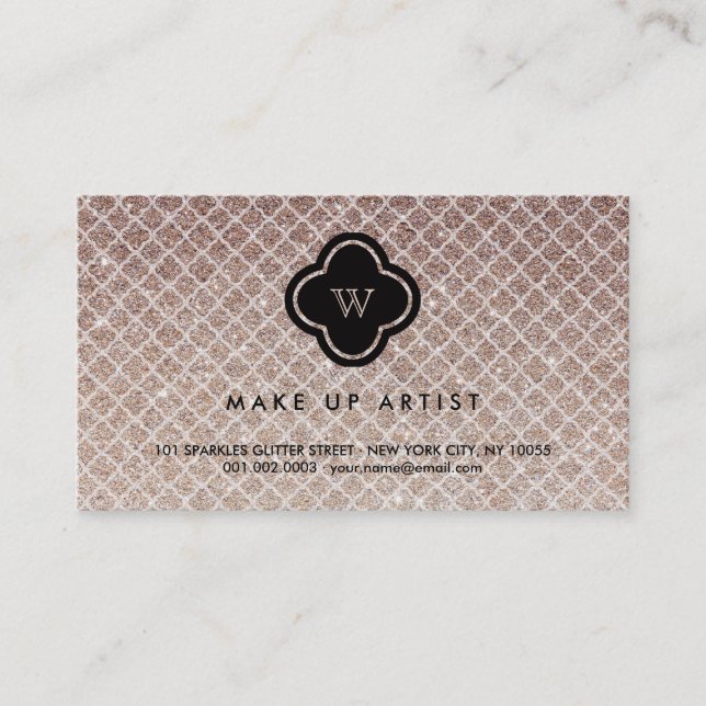 Copper Glitter Monogram Quatrefoil Profile Card (Front)