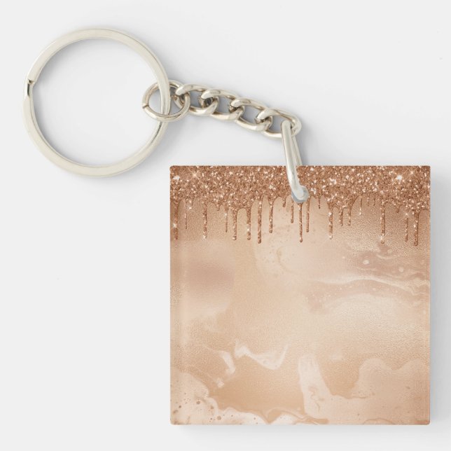 Copper Glitter Rain on Blush Copper Metal Marble Key Ring (Front)
