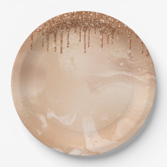 Copper Glitter Rain on Blush Copper Metal Marble Paper Plate (Front)