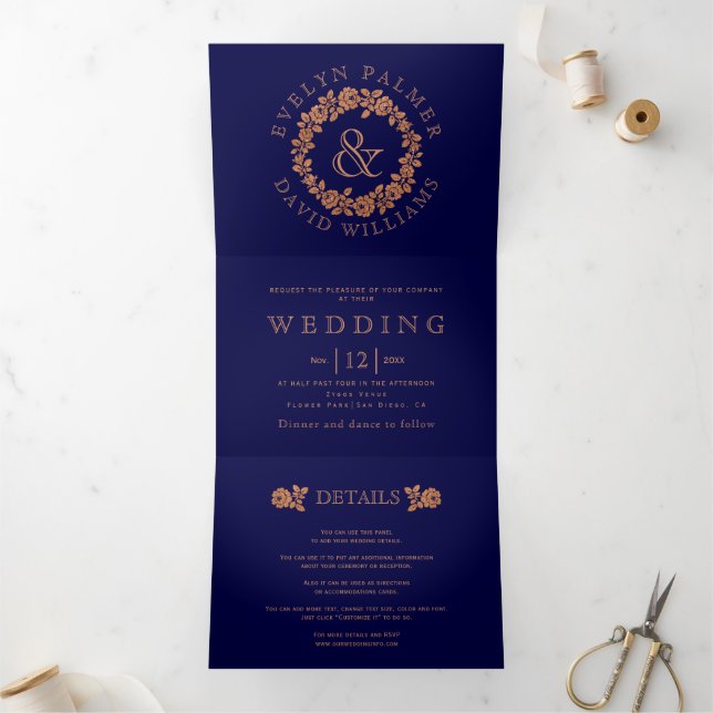 Copper glitter rose wreath navy blue wedding Tri-Fold invitation (Inside)