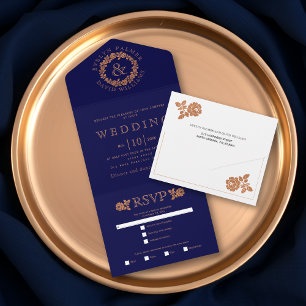 Copper glitter rose wreath on navy blue wedding all in one invitation