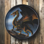 Copper Gold Black Dragon Clock<br><div class="desc">A majestic dragon with copper,  gold and black scales on a cliff edge with blue skies in behind.</div>