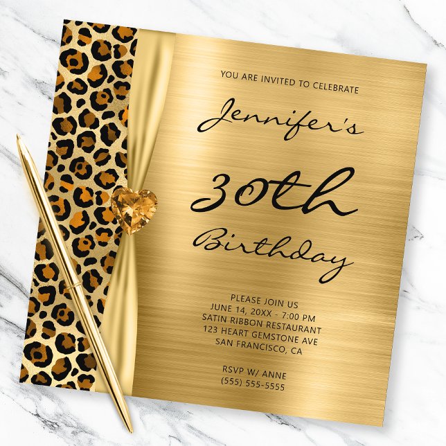 Copper Gold Leopard Foil Gem Ribbon 30th Birthday Invitation (Creator Uploaded)