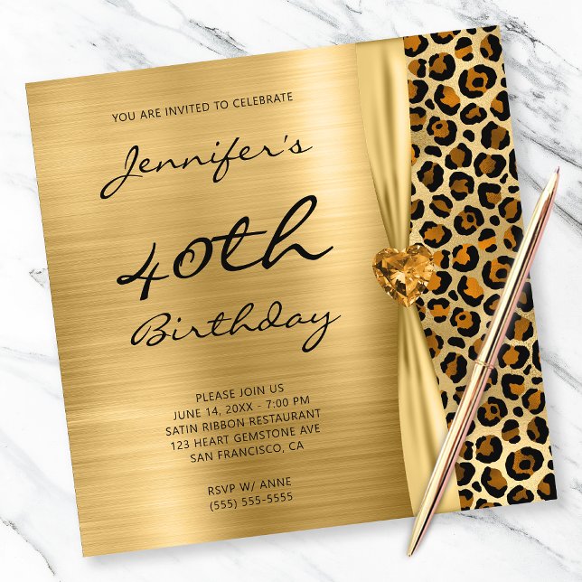 Copper Gold Leopard Foil Gem Ribbon 40th Birthday Invitation (Creator Uploaded)
