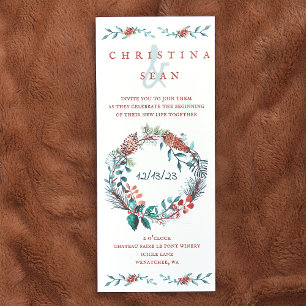 Copper, Green Pine Needle Wreath Wedding Invitation